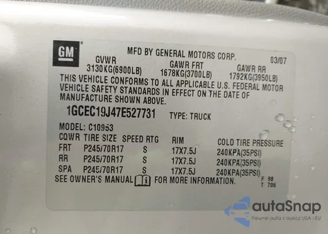 2007 Chevrolet Silverado C1500 из США, поврежденный, VIN 1GCEC19J47E527731